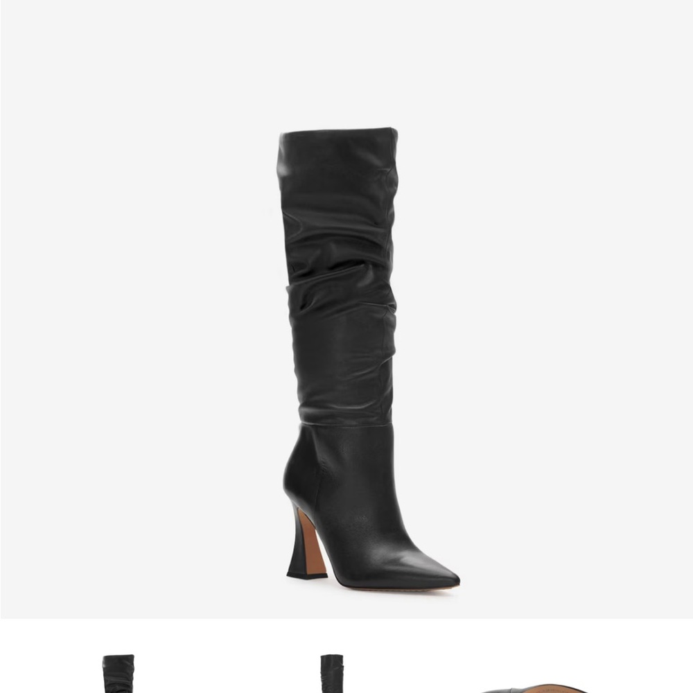 vince camuto black leather knee high heeled boots